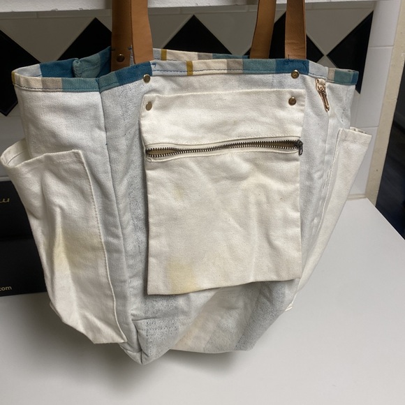 FEED Projects Canvas Market Tote Sea Blue Shopping Leather Straps Bag - Picture 8 of 16